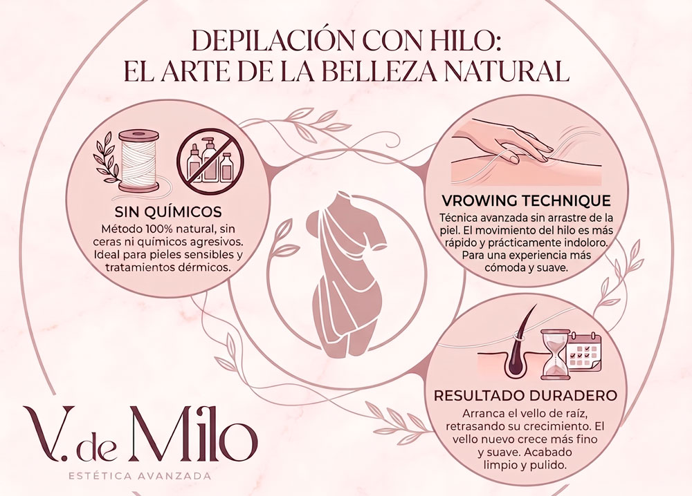 Infografía depilación con hilo, sin químicos, Vrowing Technique, Resultado duradero